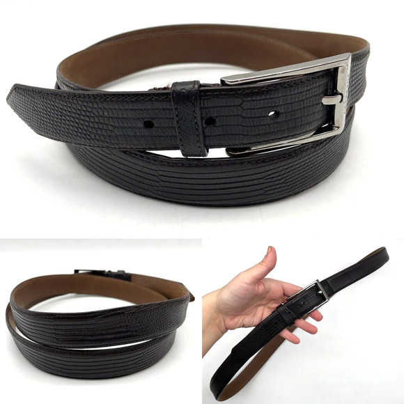 Burberry Brown Lizard Embossed Genuine Leather Silver-tone Buckle Belt Men 44 - Picture 1 of 16